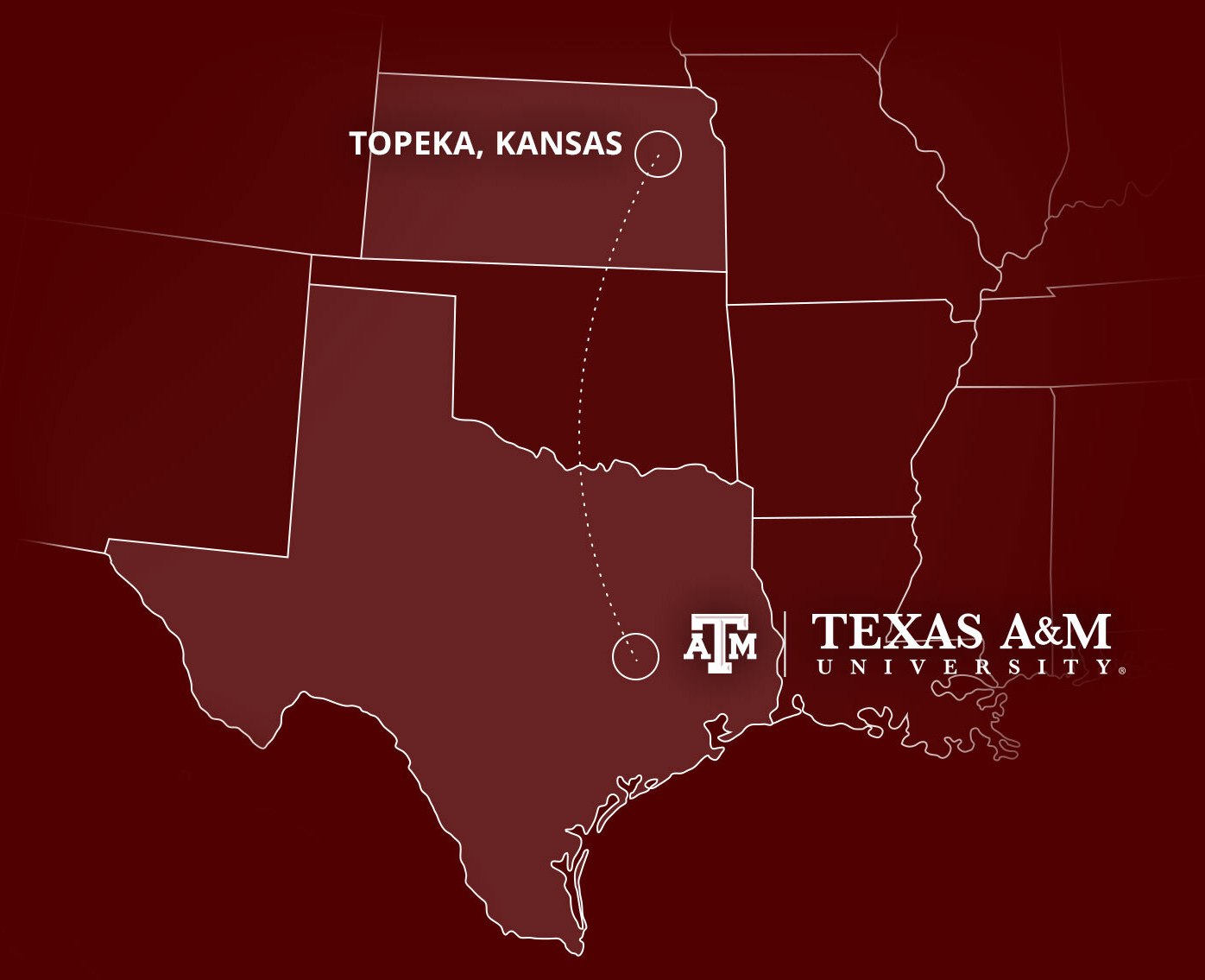 Map showing connection from Texas A&M to Topeka